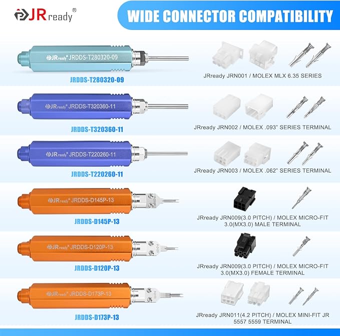 JRready ST5391 Molex Pin Extractor Tool Kit for MLX 6.35/.093”/.062”/Micro-Fit 3.0/Mini-Fit Jr Pin Removal Tool Electrical Computer Automotive Wire Connector Terminal Insertion Depinning Tools 6PCS