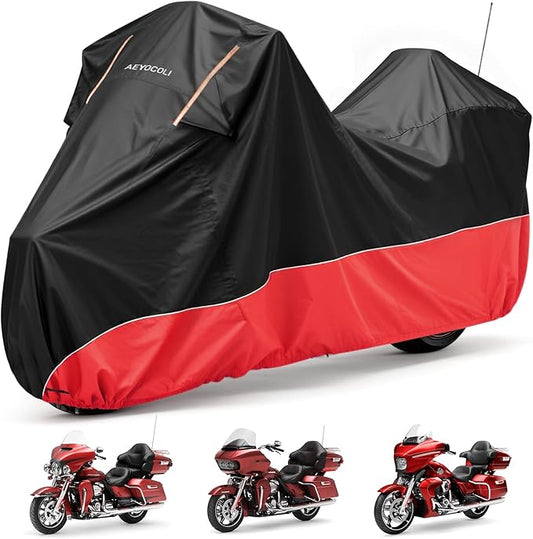 Waterproof Motorcycle Cover 420D Oxford Heavy Duty with Side Top Box Compatible with Harley Davidson Touring Ultra Limited Street Glide Road Glide Electra Glide (116" x 47" x 53")