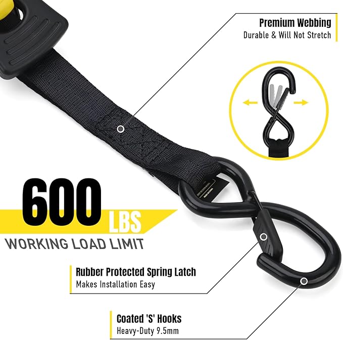 Stay There Retractable Ratchet Straps (4-Pack) - 1 Inch x 10 Feet (1800lb Break Strength) - Heavy Duty Auto Self Retracting Tie Down Straps for Truck, Cargo Trailer, Motorcycle & More - Black