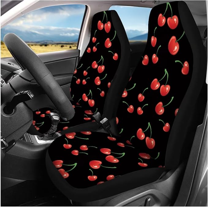 Ystardream Stylish Cherry Car Seat Covers Full Set Cherry Car Accessories for Women Front Seat Cover Steering Wheel Armrest Cover Seat Belt Cover Cup Holder for Auto SUV Interior Decoration