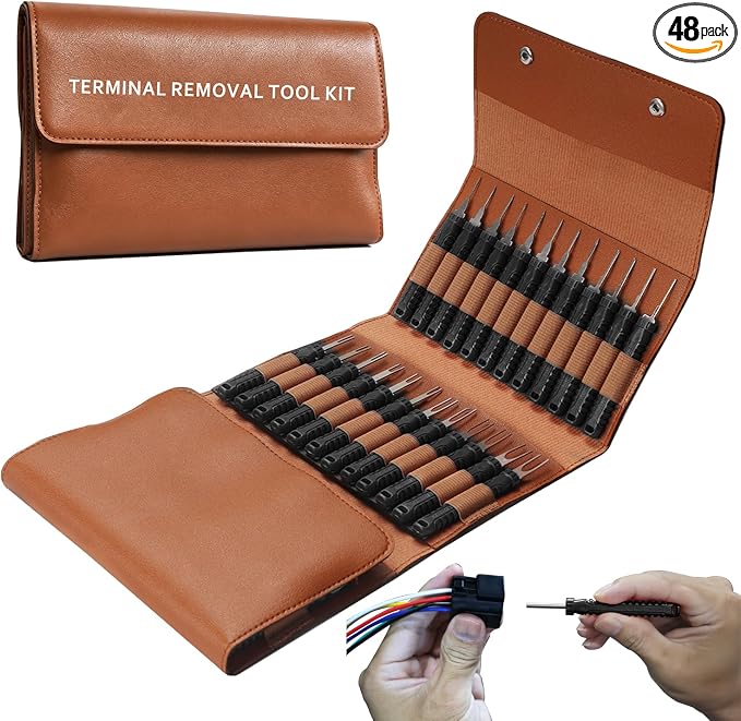 48 Pcs Terminal Removal Tools with Leather Case, Depinning Tool Kit | Connector Pin Removal Tools Depin Tool Terminal Depinning Kit for Automotive, Motorcycle & Electrical Most Connectors
