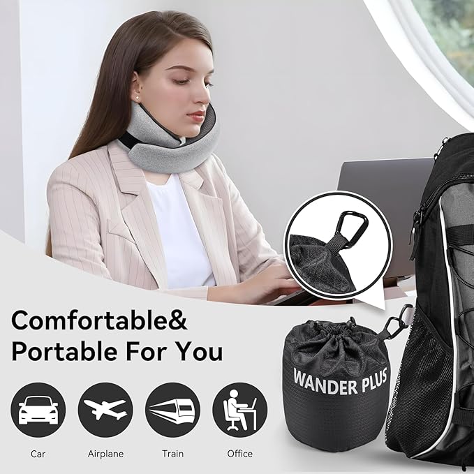 WANDER PLUS® Travel Pillow, 100% Pure Memory Foam Travel Neck Pillow Airplane Neck Support Ergonomic Design Best for Sleeping Plane Car Train Office Flight for Adults Ash Gray