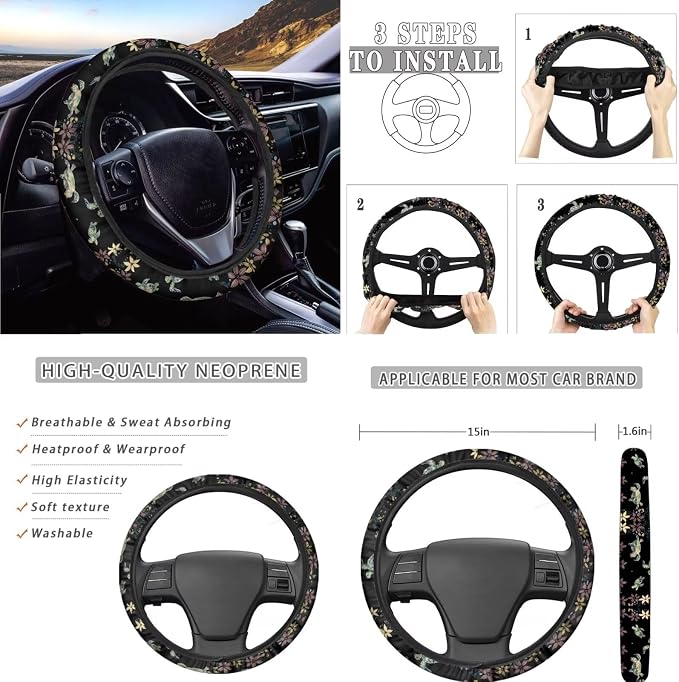 AFPANQZ Sea Turtle and Floral Car Seat Covers with Seat Belt Shoulder Pads Cup Holder Steering Wheel Cover Gear Shift Knob Cover Handbrake Protector Full Set of 11 Car Interior Decor