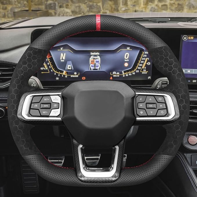 MEWANT Hand Stitch Black Faux Leather Hexagon Embossed Athsuede Steering Wheel Cover Wrap for Ford Mustang 2024