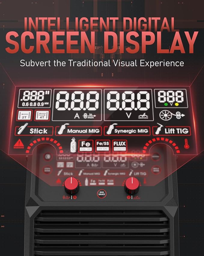 YESWELDER 165A MIG Welder, 110V/220V Dual Voltage, 4 in 1 Gas MIG/Flux Core MIG/Lift TIG/Stick Multiprocess Large LED Digital Display MIG Welding Machine