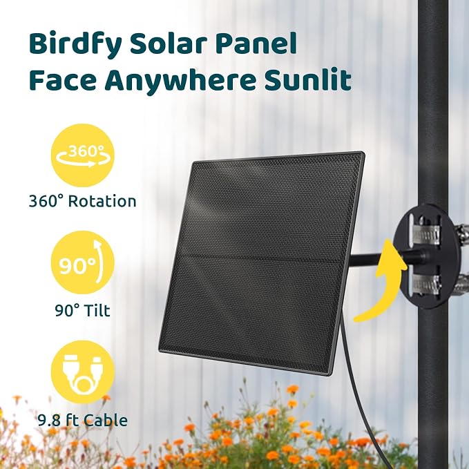 Birdfy 5W Solar Panel for Smart Bird Feeder Camera, Type-C Charger for Birdfy Feeder, 360° Adjustable Swivel Mount, IP65 Waterproof for Outdoors, 5W Continuously Power Supply (9.8ft Standard Cable)