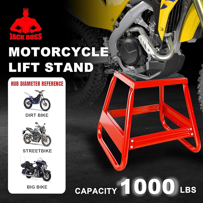 Jack Boss Motorcycle Stand Lift Dirt Bike Stand, Universal Panel Dirtbike Stand Jack Fit for Yamaha, for Honda and Suitable for Kawasaki, 1000LBS Capacity Removable Maintenance Motocross Stand Red