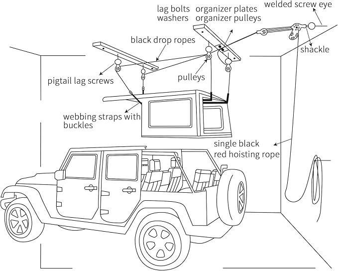 ALLCOS Hard Top Removal Lift for Jeep Wrangler JL JK Models and Ford Bronco, 12ft Hardtop Overhead Garage Storage Hoist with Anti-Drop System, Supports 8-16 ft. Ceiling