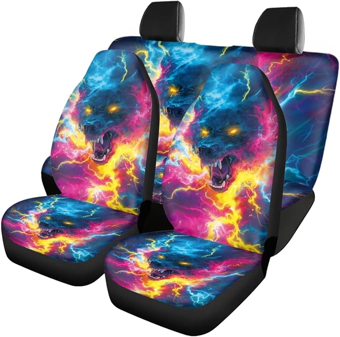 18 Pcs Cool Lightning Wolf Car Interior Accessories Set, Car Seat Covers Full Set with Auto Steering Wheel Cover Floor Mats Armrest Pad Seat Belt Pads Handle Wraps Cup Coaster Keychain