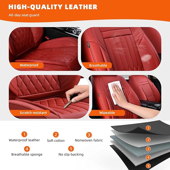 5-Seater Waterproof and Breathable Nappa Leather Car Seat Covers Full Set, Fit for Front and Rear Seats of Cars, Compatible with Airbags, Car Seat Protector Covers for Most Cars - Wine red