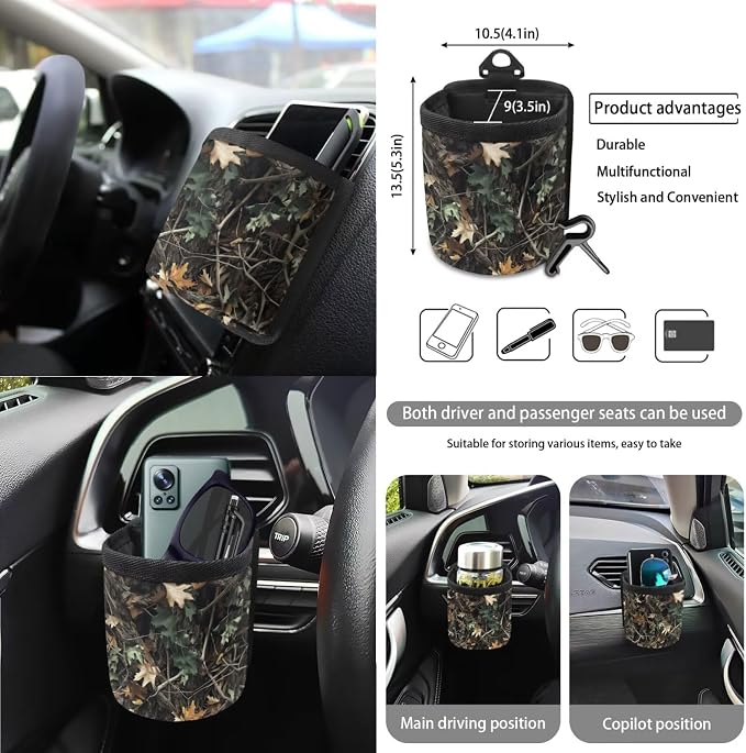 Hunting Camo Print Full Set Car Seat Cover, Steering Wheel Cover, Mirror Cover, Seat Belt Cover, Trash Can, Keychain, Coasters, 15pcs Car Interior Decoration