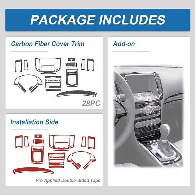 28PCS Real Carbon Fiber Interior Trim Kit Compatible with 2008-2013 Infiniti G37, Interior Decor Sticker Accessories