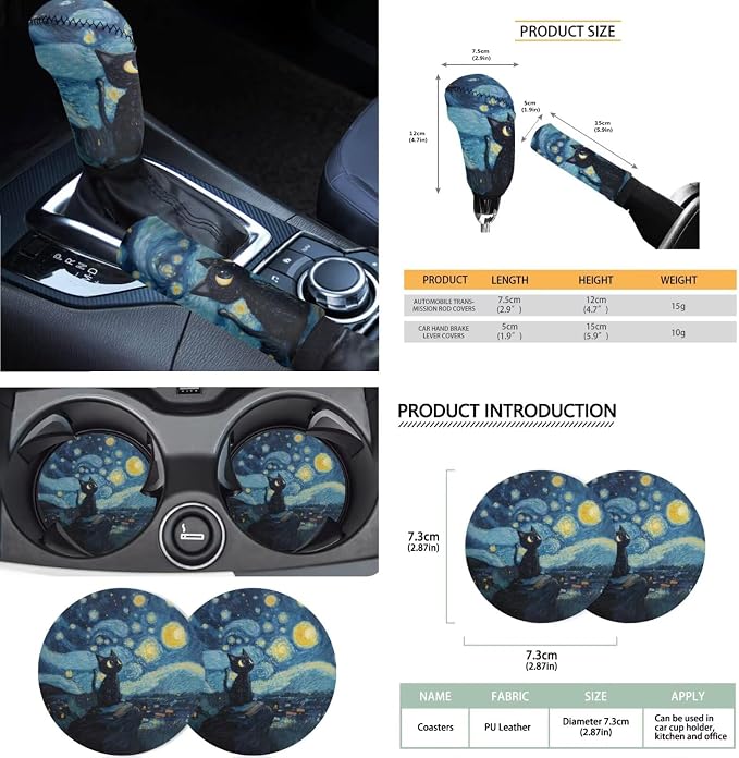 Starry Cat Print Full Set Car Seat Covers with Steering Wheel Cover Safety Belt Pads Armrest Cushion Headrest Protectors Gear Shift Knob + Handbrake Covers etc, Universal Fits