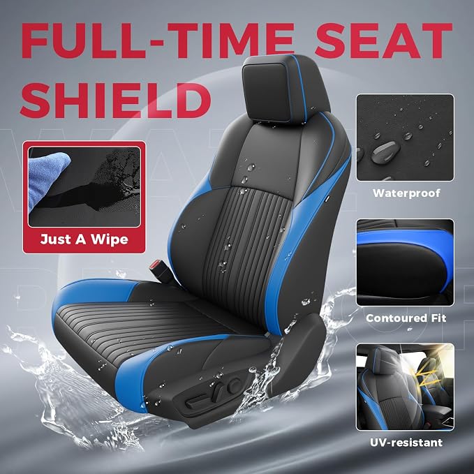 FREESOO Custom Fit Leather Tacoma Seat Covers Full Set Gen 4Th 2024-2026 Double Cab, for Sr/Sr5/Trd Prerunner/TRD Sport/TRD Off-Road/Limited, Seat Covers for Tacoma (5 Seats, BlackBlue)
