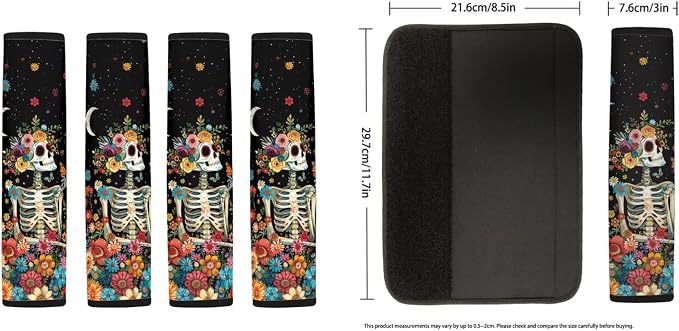 Skeleton Flower Print Auto Seat Covers Non Slip Steering Wheel Cover Seatbelt Pads Universal Fit for Cars Trucks SUVs Breathable Car Seat Cover Full Set, Black and Orange