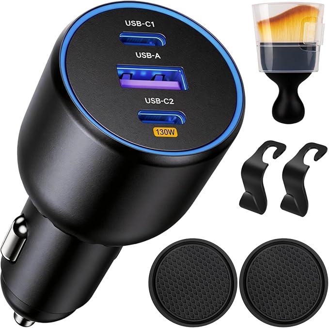 USB C Car Charger, 3-Port 130W Dual USB-C & USB-A Car Charger Adapter PD/QC Super Fast Charging Cigarette Lighter USB Charger Multi Port Car Phone Accessories Charger for iPhone 17, MacBook, Android
