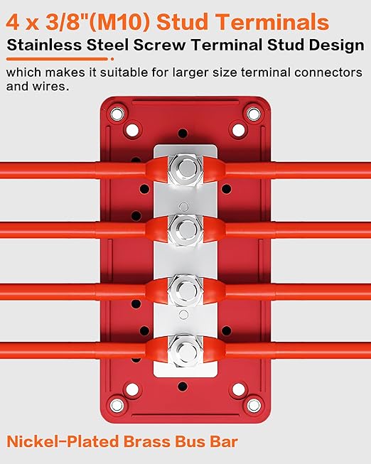IZTOSS 300A Bus Bar DC12 24 48V Heavy Duty Waterproof Power Distribution Block with 4 x 3/8"(M10) Terminal Studs Battery Bus Bar for Automotive Marine RV Truck - Positive & Negative