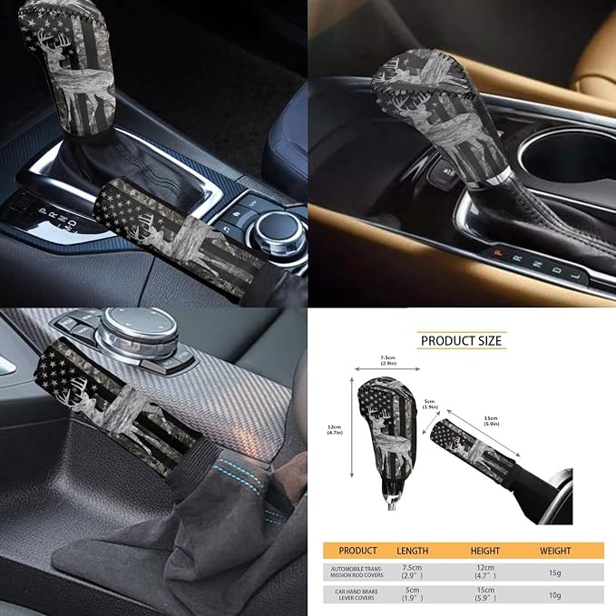 KEIAHUAN 11 Pcs Car Seat Covers Full Set for Men American Flag Deer Camo Hunting with Handbrake and Gear Shift Knob Cover,Headrest Cover, Coasters,Non-Slip Car Steering Wheel Cover,Coasters