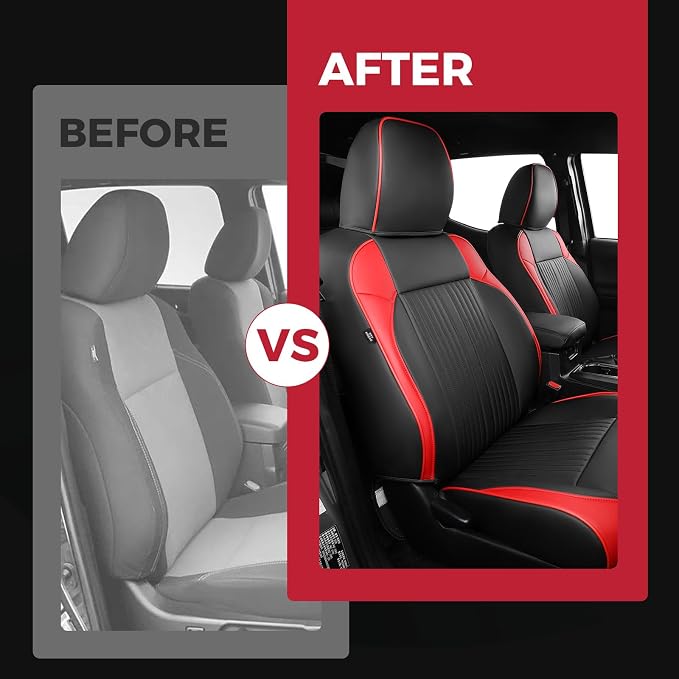 FREESOO Leather Car Seat Covers Fit for Toyota Tacoma 2016-2023 Full Coverage Seat Cover for Double/Crew Cab SR/SR5/Limited/TRD Pro/TRD Sport, Pickup Truck Seat Covers (5 Seats, BlackRed)