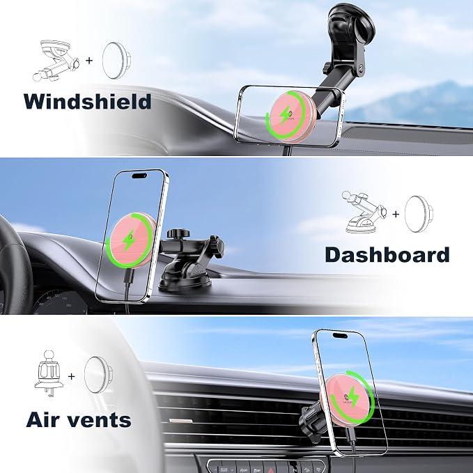 MOKPR for Mag-Safe Car Mount Charger, Magnetic Phone Holder for Your Car Charger Dash Windshield Vent Magnetic Wireless Car Charger Mount for iPhone 17 16 15 14 13 12 Pink