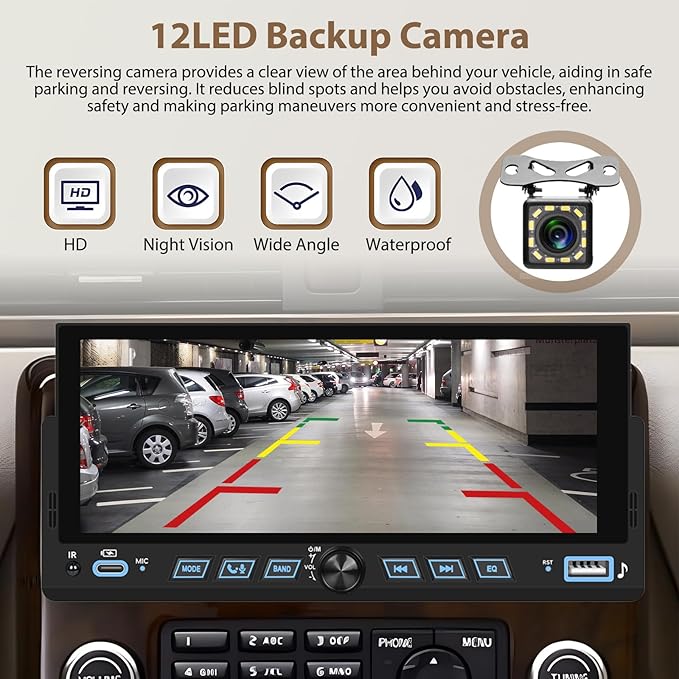 6.86" Android CarPlay Stereo, Single Din Car Radio with Android Auto, HD Touch Screen Bluetooth Handsfree FM Audio Receiver with Mirror Link, SWC,Backup Camera Support USB/TF/AUX/MIC