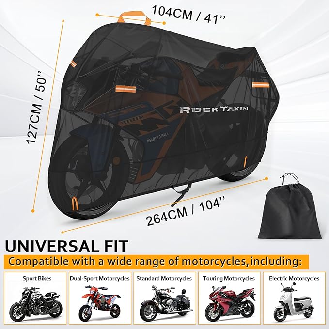 ROCKTAKIN 300D Heavy Duty Motorcycle Cover, Waterproof All Season Outdoor Protection with 4 Reflective Strips & Lock Holes, Fits Most Cruisers, Touring Bikes and Scooters up to 104"