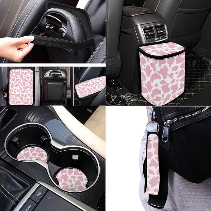 17 Pieces Pink Cow Print Car Seat Covers Full Set with Front and Split Rear Bench,Cow Print Car Accessories with Headrest Covers,Vehicle Trash Bag Universal Car Interior Decor,Fit Truck SUV