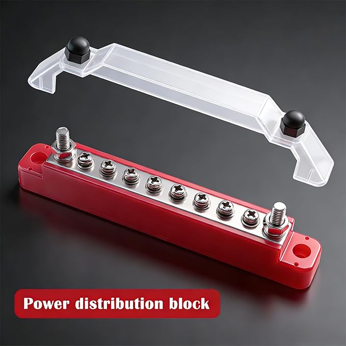 150A 12V Bus Bar Marine, 1/4" Power Distribution Block, Battery Buss Bar, Automotive Busbar Terminal Block for Car and Boat, 2 x 1/4" Studs, 8 x #8 Screws Terminals (Black+Red)