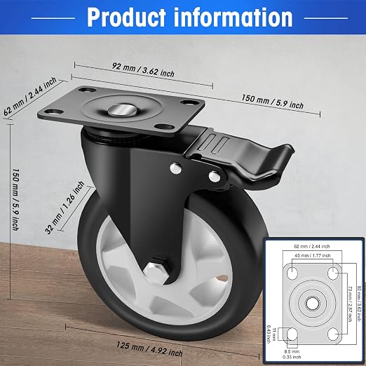 5" Swivel Plate Casters, 1400Lbs Capacity with Brake | Black, 4-Pack, PU Wheels, Double Ball Bearings, Quiet & Non-Marking, for Workbenches & Carts