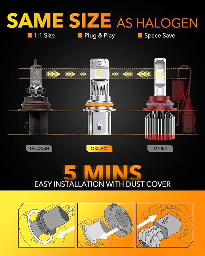OXILAM 9007 LED Bulbs, 1000% Ultra-Brightness, 3 Min Quick Install Wireless Plug and Play,1:1 Halogen Size 9007 Fog Lights, 20 Years Lifespan, No Flicker, 99% Compatibility, Pack of 2