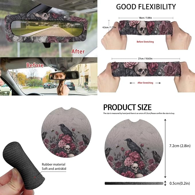 15 Pcs Rose Skull Car Seat Covers Full Set for Women Goth Raven Car Accessories Interior Car Steering Wheel Cover Seatbelt Covers Trash Bin Rear View Mirror Cover Cup Holders Keychain