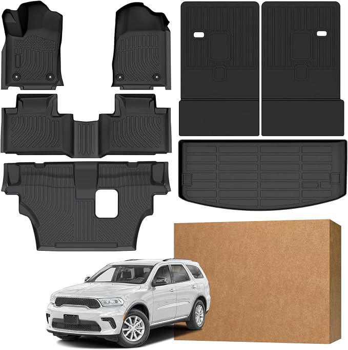 Floor Mats for Dodge Durango 7 Passenger 2016-2026 (Not for 5 Seats), Custom Fit Heavy Duty TPE All Weather Protection, Waterproof Non-Slip Black (Three-Row Floor Mats & Cargo Liner & Seatback Mat)