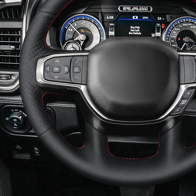 MEWANT Hand-Stitched Steering Wheel Cover Wrap for Dodge Ram 1500 2019-2023 Steering Wheel Accessories for Dodge Ram(Backsides Without Buttons)