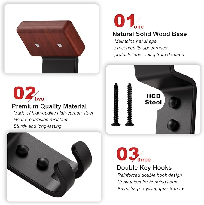 Motorcycle Helmet Holder Wall Mount - Heavy Duty Helmet Hanger Rack with 2 Key Hooks, Solid Wood & Strong Steel Design for Bike, Football, Skiing Sports Gear, Jackets & Hats (3)