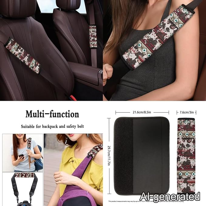 Retro Cow Print Automobile Seat Cover Sets 12 Pack Car Seat Belt Pad Cover Steering Wheel Cover Arm Rest Cover Car Interior Automotive Universal Fit Most Vehicles Cars SUV