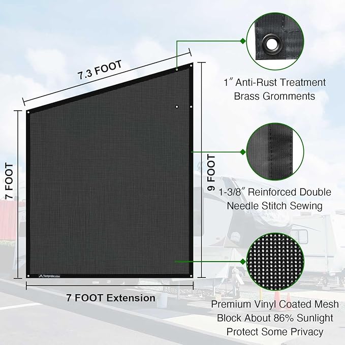 Tentproinc RV Awning Side Sun Shade Screen 9'X7' Mesh Sunshade for RV Awning Sunscreen Motorhome Camping Trailer Awning Screenshade Block UV Glare - 3 Year Warranty (Black)