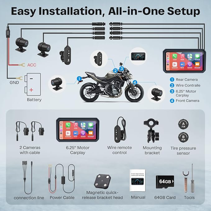 WonVon Motorcycle CarPlay Screen with Android Auto – 6.25” Waterproof GPS Pantalla para Moto Apple CarPlay Navigation System for Motorcycle, Dual 2K Dash Cam Bluetooth Audio & TPMS with Magnetic Mount