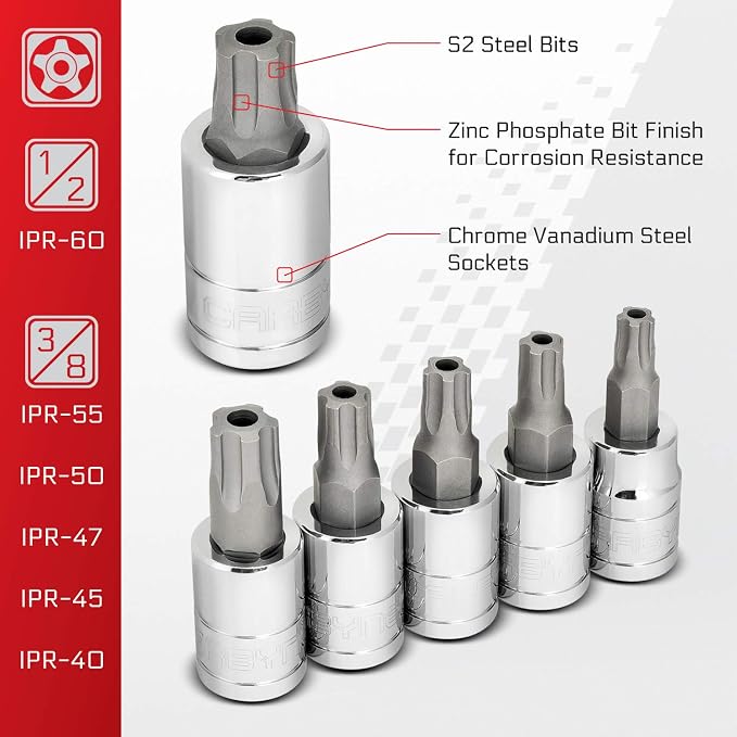 CARBYNE 13-Piece Tamper-Proof Torx Plus Bit Socket Set, 5 Lobe Security, TPR-8/IPR-8 to TPR-60/IPR-60, S2 Steel, CrV Sockets, 1/4 3/8 1/2 in. Drive, Genuine Licensed Torx