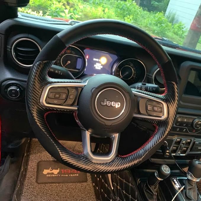 Hand-Sewing Steering Wheel Wrap Cover Black Suede/Matte Carbon Fiber Interior Protection Accessories for Jeep Wrangle 2018-2022 Jeep Gladiator 2020-2022 (Black Carbon Fiber)
