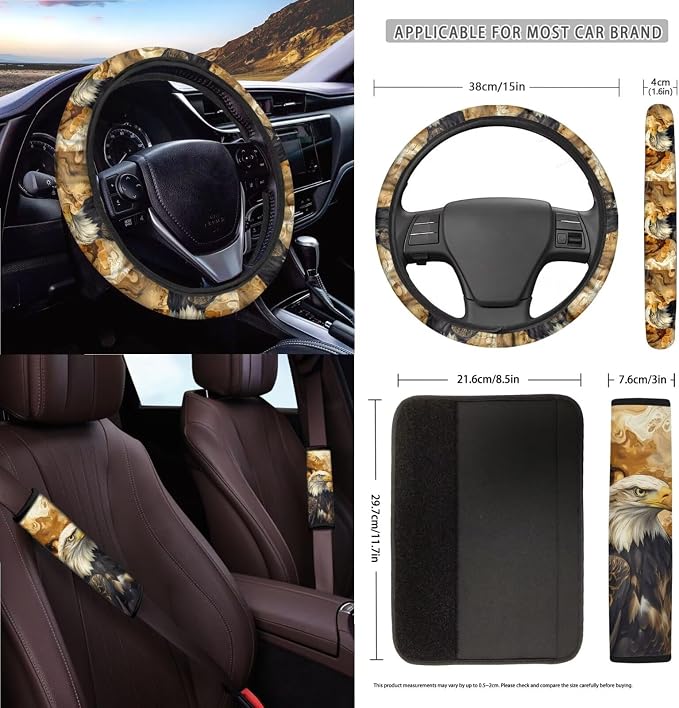 Marble Eagle Car Front Back Seat Covers Full Set with Steering Wheel Cover Safe Belt Pads Cup Coasters Garbage Cans Rear View Mirror Cover Keychain Air Vent Storage Case, Set of 15