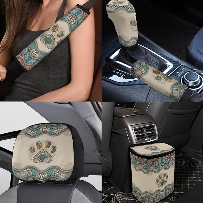 BIGCARJOB Boho Dog Paw Car Seat Cover Full Set 15 Pieces Boho Print Car Interior Accessories Set with Universal Steering Wheel Cover Car Trash Can Hanging Seat Headrest Covers