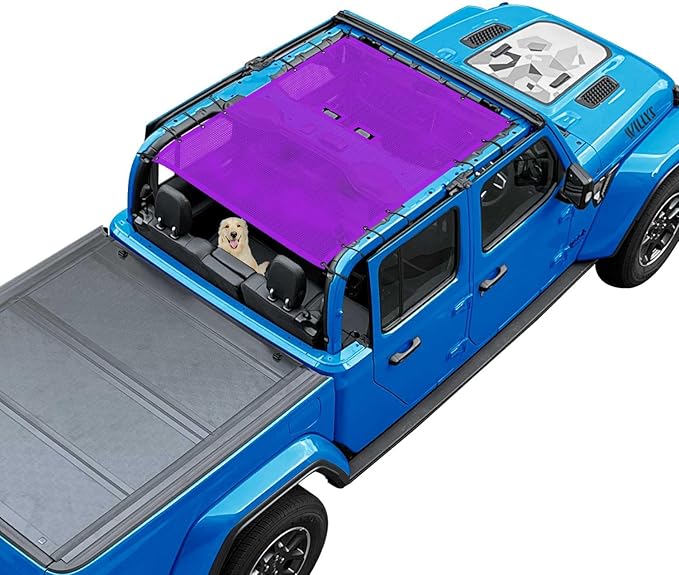 JT Top Sun Shade Roof Compatible with Jeep Gladiator 4 Door 2018 to 2023 Sunshade Sunroof Bikini Cover Blocks UV Wind Noise Purple Mesh for Full Length