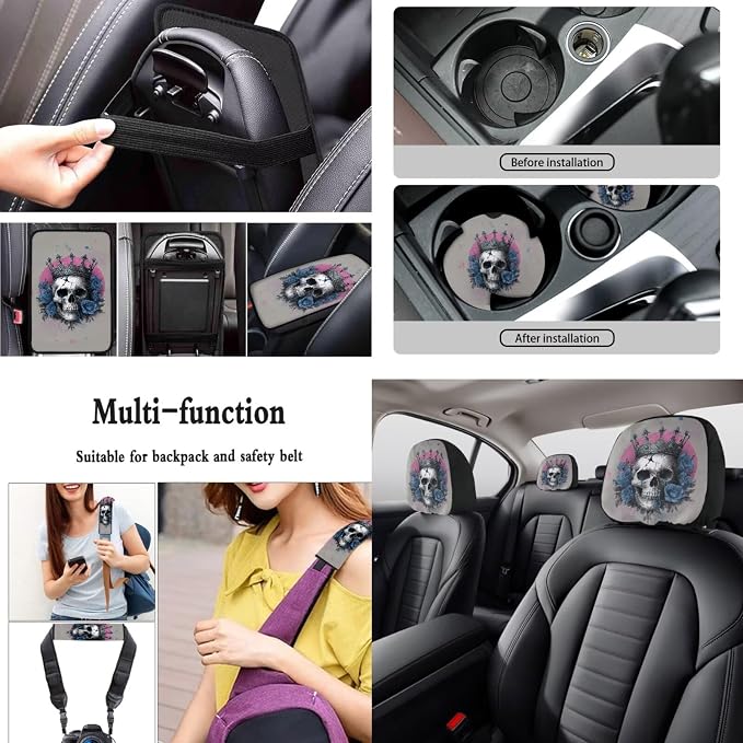 Crown Skull Print Seat Cover Full Set for Cars Rose Print Front and Rear Split Bench Seat Covers+Steering Wheel Cover+Seatbelt Pads+Headrest Covers+Center Console Pad for SUV Truck etc