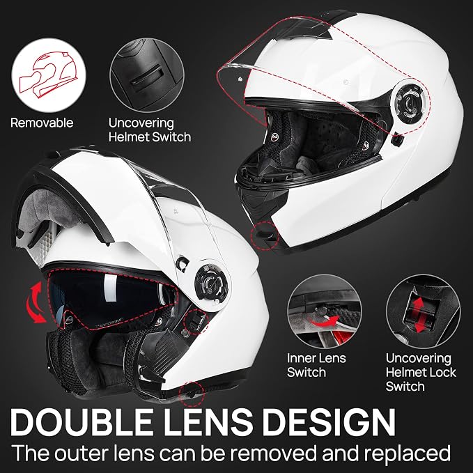 ILM Adult Motorcycle Modular Full Face Helmet Flip up Dual Visor DOT Approved Model 159(White,X-Large)