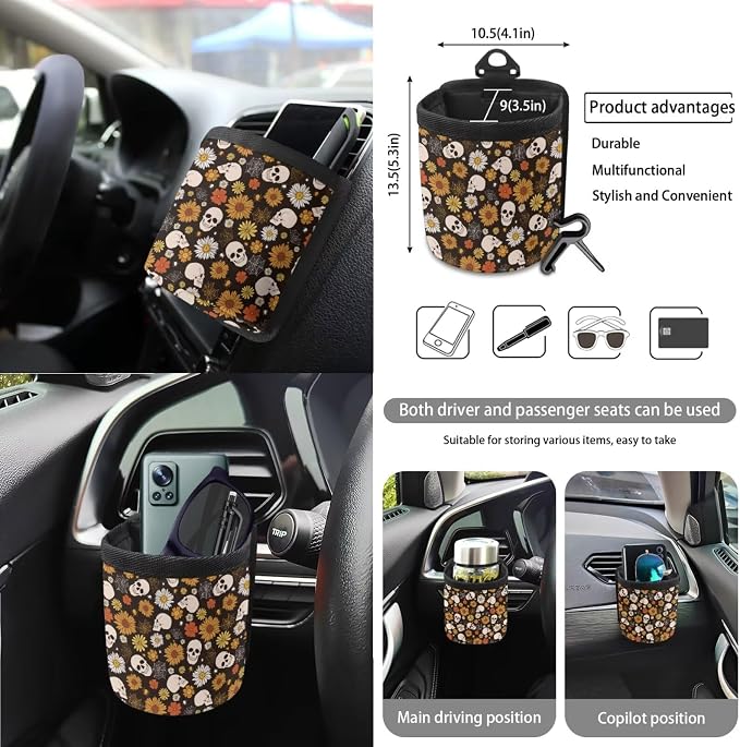 Gothic Skull Floral Print 15Pcs Car Seat Cover Full Set Car Steering Wheel Cover Seat Belt Cover Trash Bin Air Vent Storage Box Front Rear View Mirror Car Cup Holder Keychain