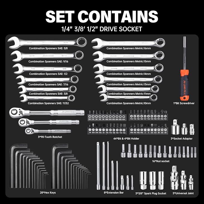 264-Piece Mechanics Tool Set, SAE & Metric Impact Socket Set, 1/2'', 1/4'', 3/8'' Drive, Deep & Shallow, CR-V Steel, with 90-Tooth Ratchet, Extension Bar, Universal Joint, with Molded Case