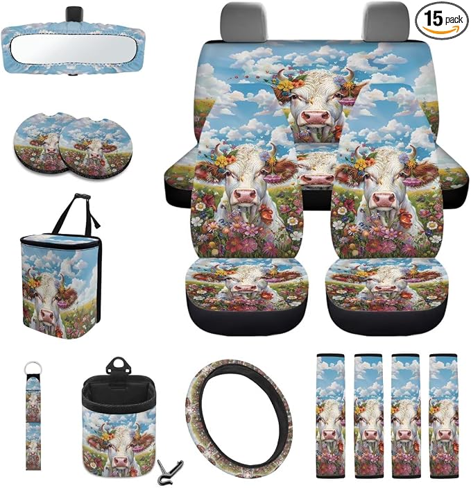 Cow Floral Print 15 PCS Car Front Back Seat Cover Full Set, Seat Belt Strap Pad Steering Wheel Covers Air Vent Storage Bag Cup Holder Rear View Mirror Cover Key Chain Auto Decor