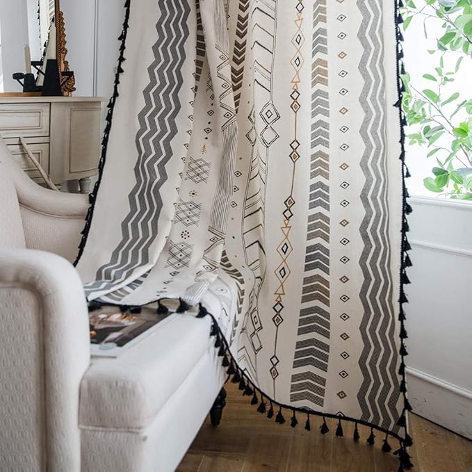 ColorBird Boho Curtains 2 Panels 90 Inches Long Patterned Print Western Aztec Light Filtering Semi-Blackout Curtain with Black Tassel Rod Pocket Window Treatment Long Drapes for Living Bedroom Closet