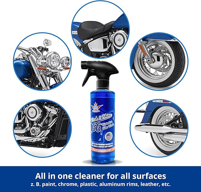Shinykings Wash&Shine 66 WATERLESS Motorcycle Cleaner | Made in USA | Ultra Shine Effect | Detailing Wash Spray for All Surfaces | 16 fl.oz