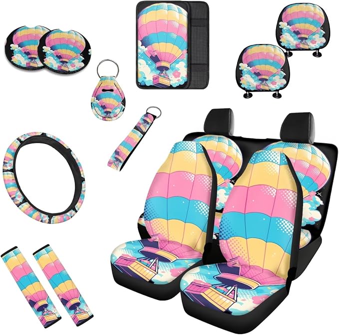 Rainbow 13 Pcs Car Seat Covers, Hot Air Balloon Universal Driver Seat Cover Protector Armrest Pad, Vacation Flying Balloons Steering Wheel Armrest Cover Seatbelt Cup Mats